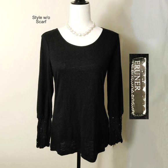 ERUNER 2-pc Set Black Tunic Long Sleeved Round Neck w/ matching Scarf M-L - Picture 2 of 15